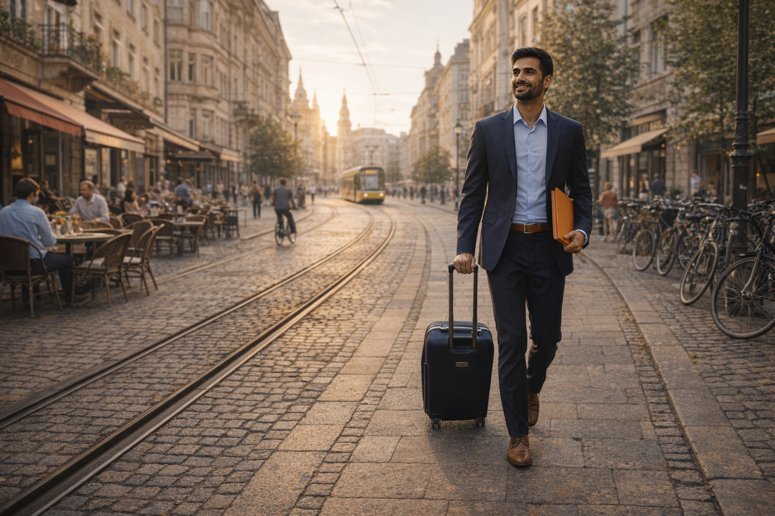 Professional arriving in a European neighborhood with tram lines and cafes