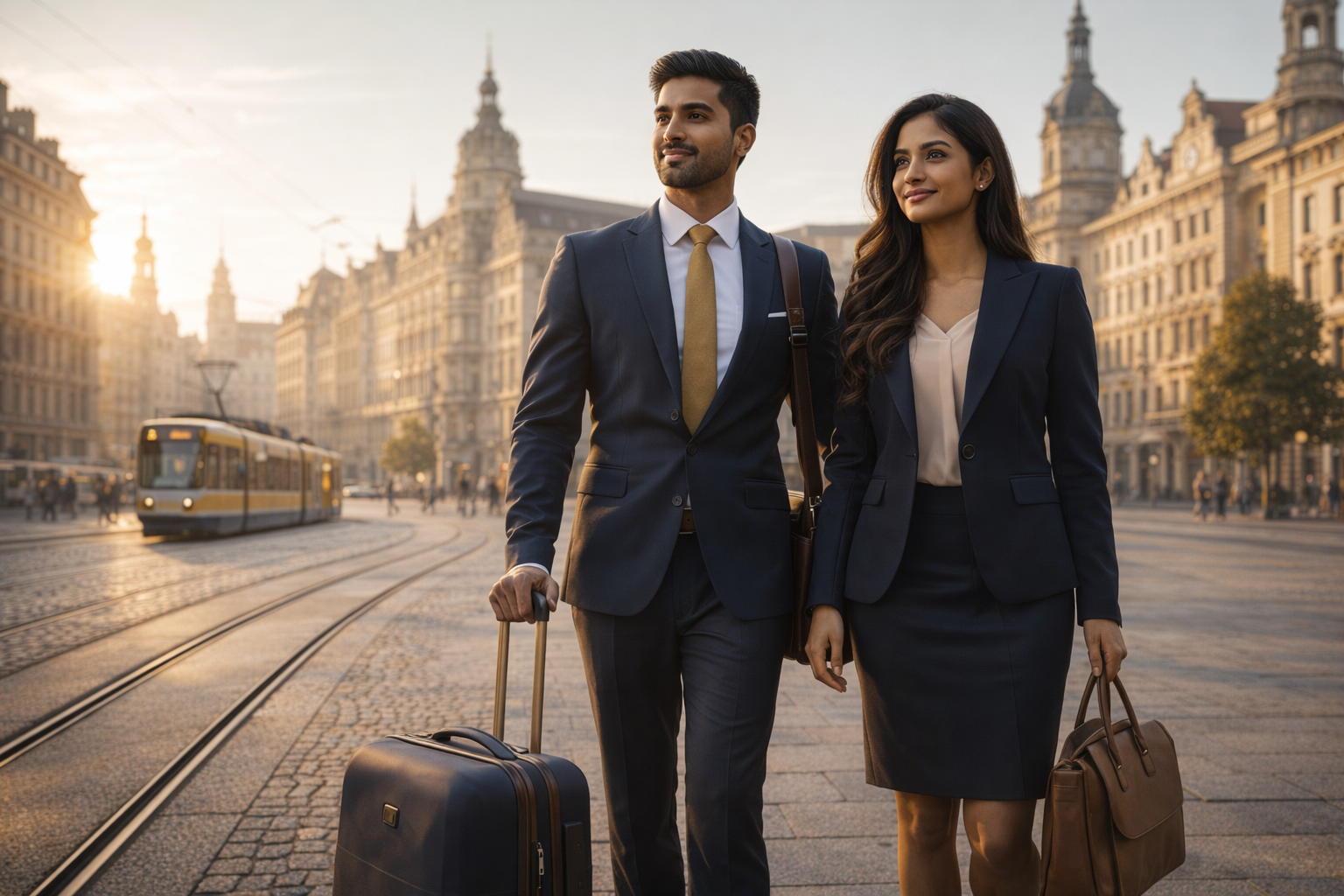 Professionals arriving in a European city for a new job opportunity